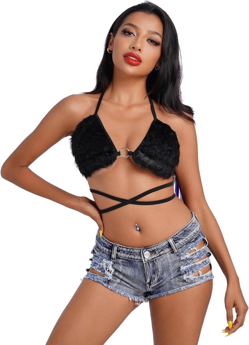 ABAFIP Women's Rave Furry Bra Top Strappy Halter Triangle Bralette Cami Tanks Festival Party Dance Hot Clubwear - Image 1